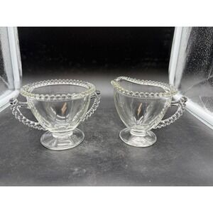 Vintage Anchor Hocking Wexford Clear Glass Creamer and Sugar Bowl Set Beaded Rim